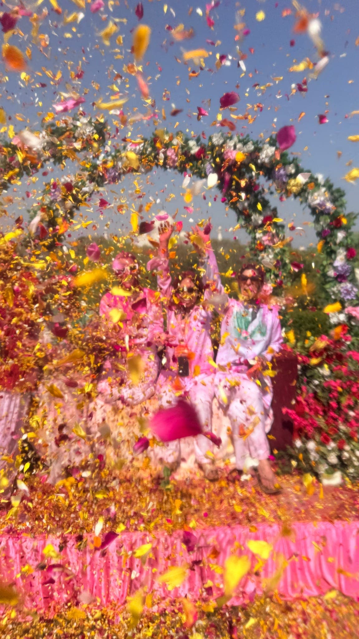 Flower petals thrown into the air during the Holi celebration in Agra