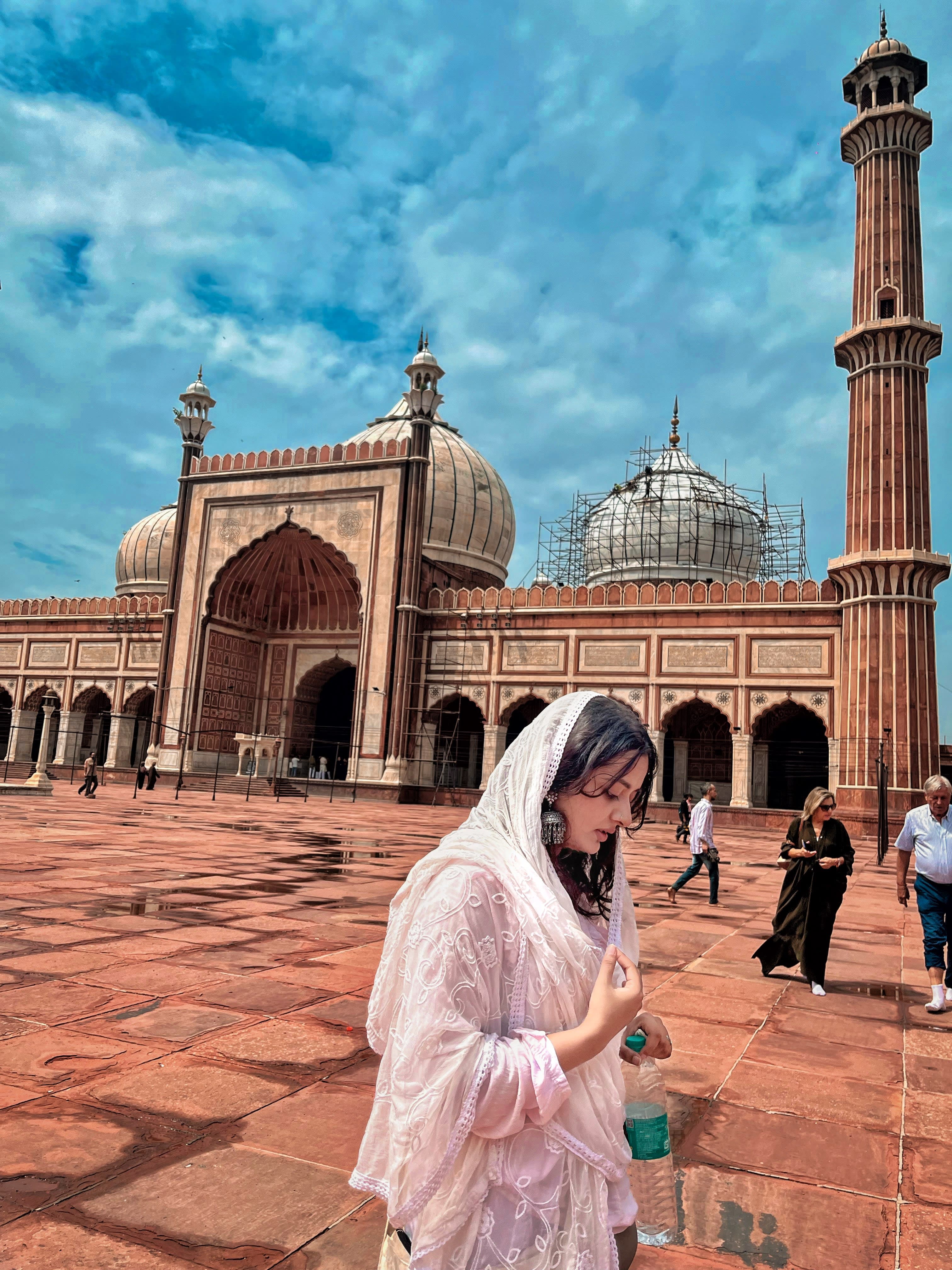 An American traveller photographing the Taj Mahal in soft morning light
